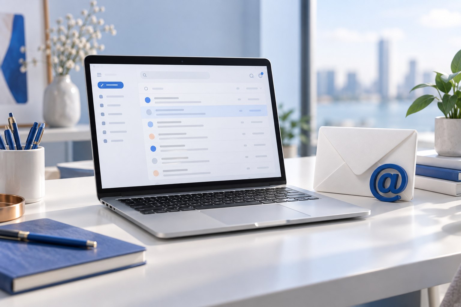 Notebook com conceito de caixa de entrada e envelope com símbolo de arroba em uma mesa clara.
