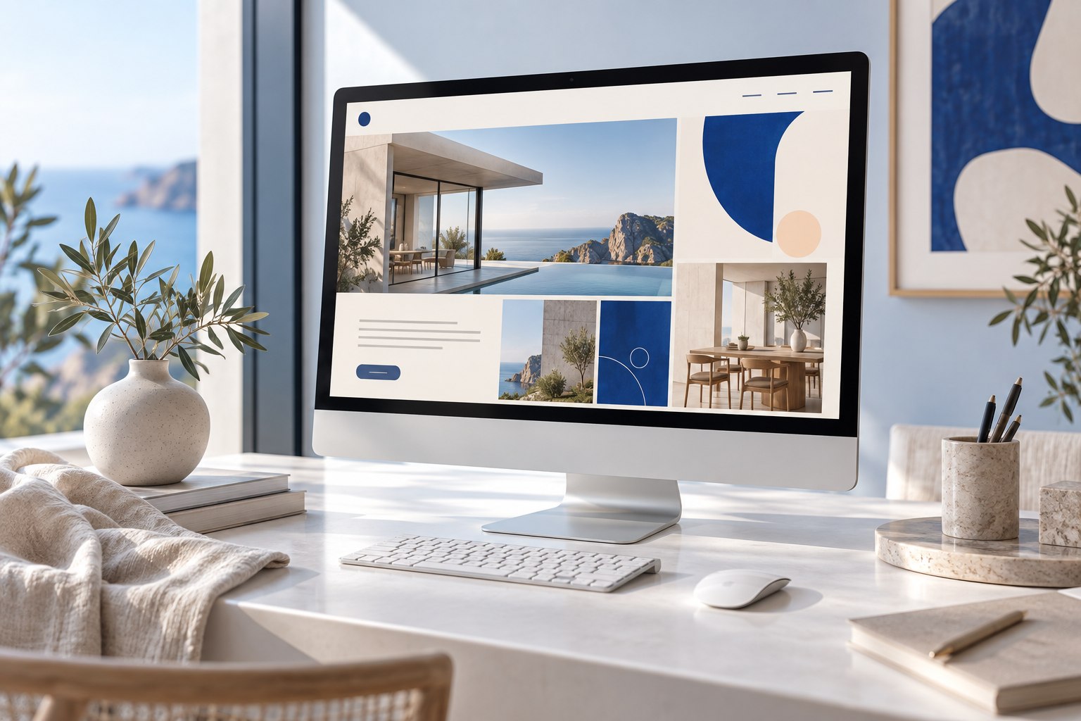 Conceito visual de site institucional em um monitor, em ambiente profissional claro.