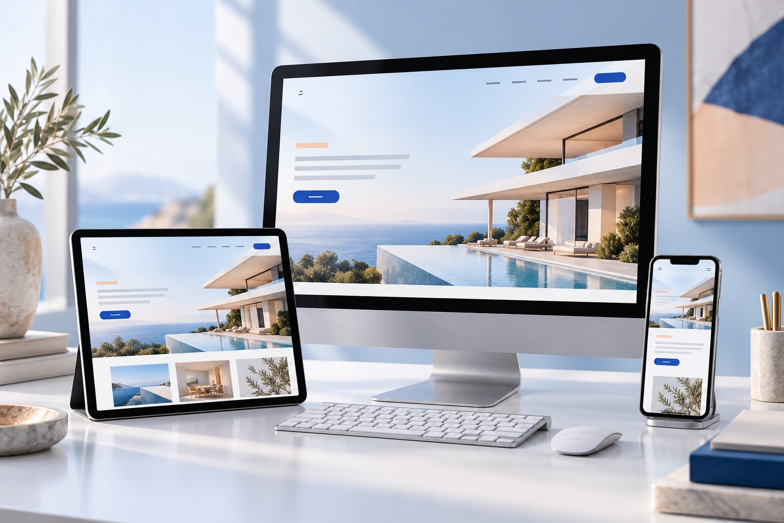 Conceito de um mesmo site adaptado a monitor, tablet e smartphone.