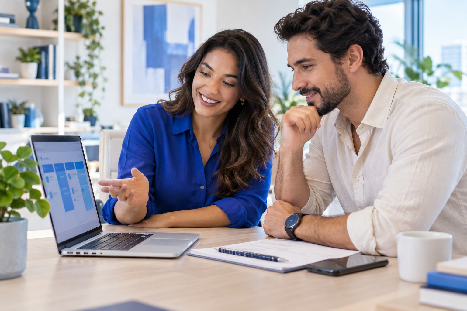 Profissionais analisando oportunidades comerciais em um notebook, em imagem ilustrativa.